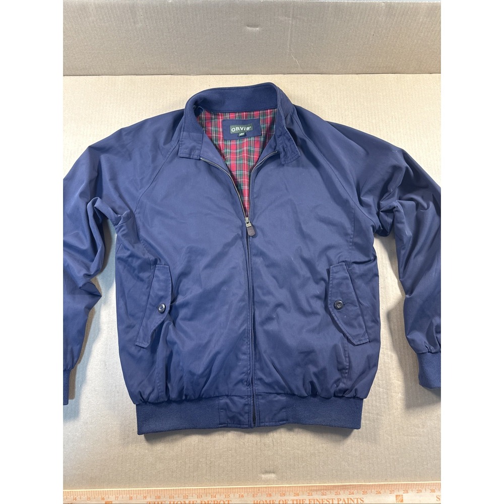 ORVIS Jacket Mens Medium Harrington Bomber Tartan Plaid Lined Full Zip Blue VTG